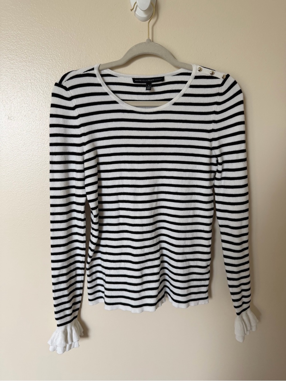 WHITE HOUSE BLACK MARKET Black & White Stripe Sweater with Ruffle Cuff Sleeve
